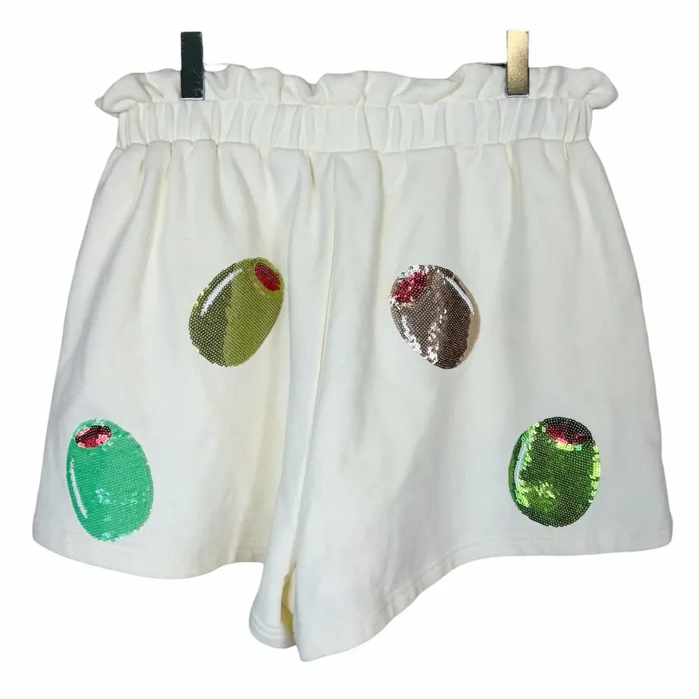 Queen Of Sparkles Allover Sequin Olive Print Martini Shorts Cream NWT Sz S